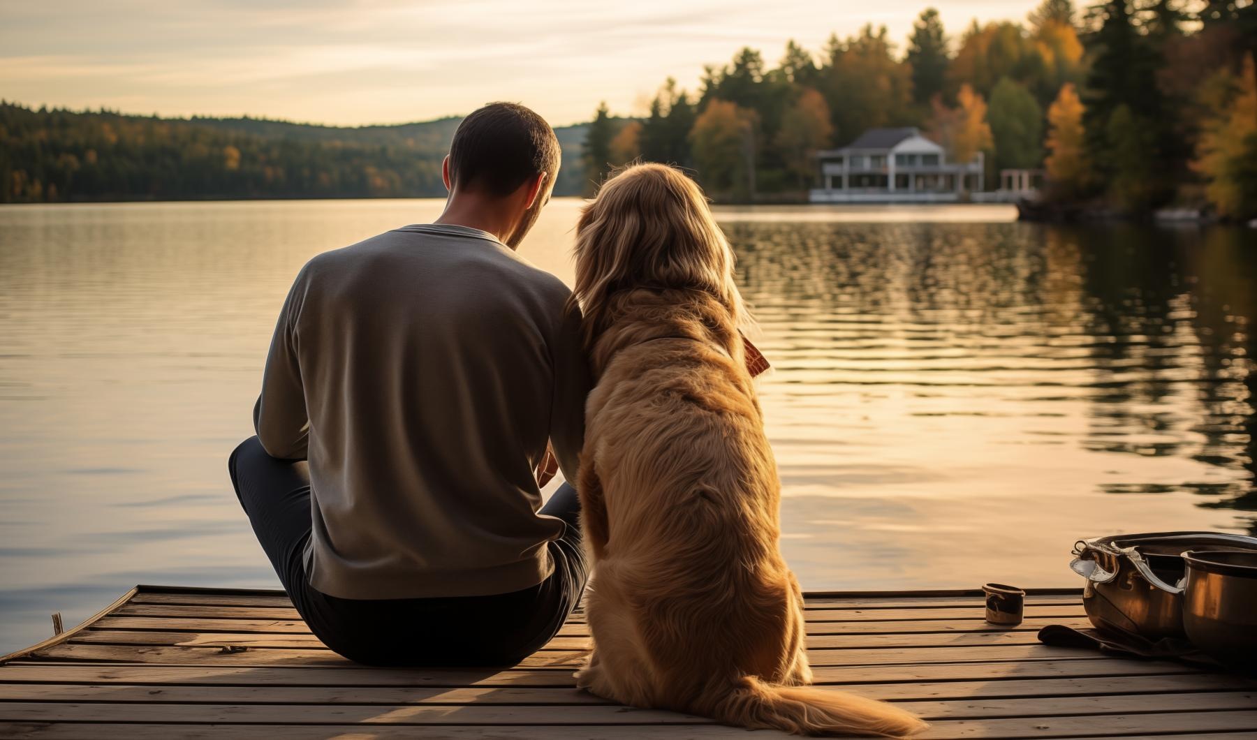 Settle into comfort at Outpost Creek a man and a dog sitting on a dock looking at a lake